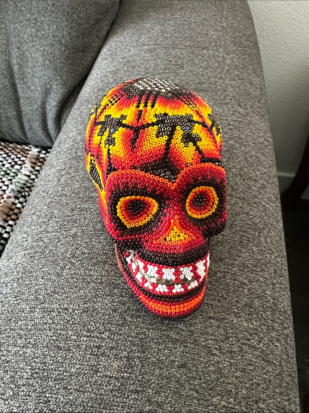 Beaded Decorative Skull Sculpture - Red, Yellow & Black